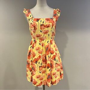 Floral Yellow mini Dress with Red Poppies with open‎ back size small